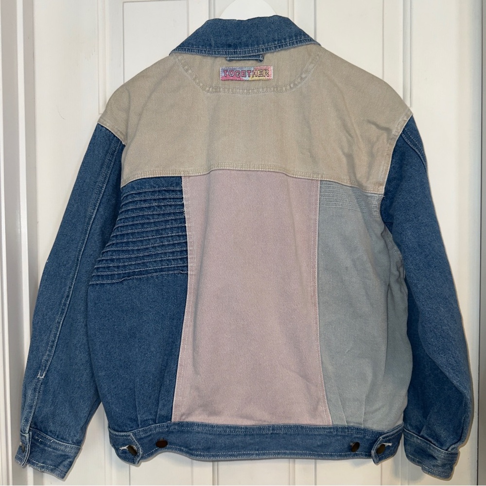 Vintage 90s TOGETHER! Jean Jacket Size Small Cotton Patchwork Unisex Streetwear - Picture 2 of 9